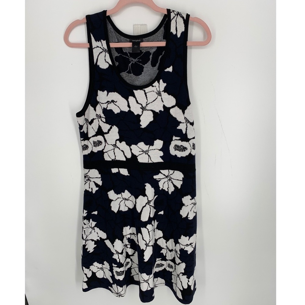 Ann Taylor Navy Blue White Floral Jacquard Knit Sleeveless Fit Flare Dress L
